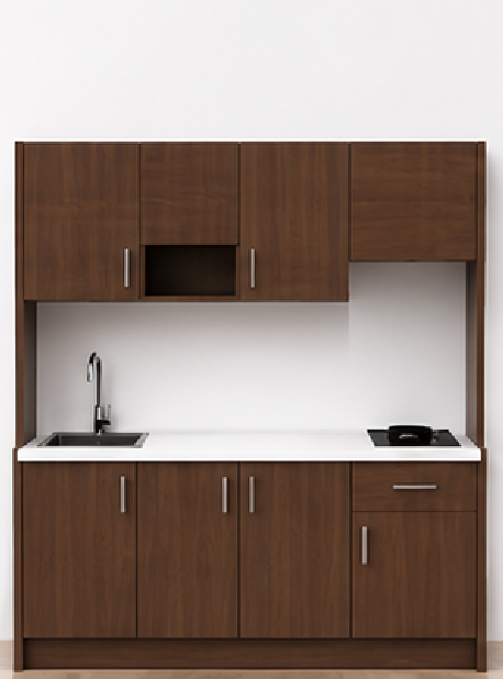 Intrahome Studio200Max08 Πολυκουζινάκι 200cm, ύψος 200cm, βάθος 50cm, καρυδι μοριοσανίδα 16mm, πάγκος 32mm, μικρή inox γούρνα αριστερά, εστία 2 ματιών δεξιά, σχέδιο Max. Intrahome-polikou2287650742