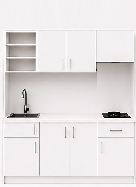Intrahome Studio200Max08 Πολυκουζινάκι 195cm, ύψος 220cm, βάθος 50cm, λευκή μελαμίνη 16mm, πάγκος 32mm, μικρή inox γούρνα αριστερά, εστία 2 ματιών δεξιά, σχέδιο Max. Intrahome-polikou87650721