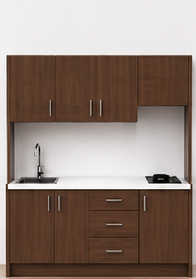 Intrahome Studio200Plus06 Πολυκουζινάκι 200cm, ύψος 200cm, βάθος 50cm, καρυδι μοριοσανίδα 16mm, πάγκος 32mm, μικρή inox γούρνα αριστερά, εστία 2 ματιών δεξιά, σχέδιο Plus. Intrahome-polikou2287650542