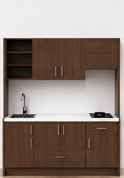 Intrahome Studio200Prime09 Πολυκουζινάκι 200cm, ύψος 200cm, βάθος 50cm, καρυδι μοριοσανίδα 16mm, πάγκος 32mm, μικρή inox γούρνα αριστερά, εστία 2 ματιών δεξιά, σχέδιο Prime. Intrahome-polikou2287650842