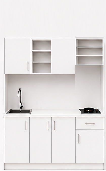 Intrahome Studio200Storage02 Πολυκουζινάκι 193cm, ύψος 220cm, βάθος 50cm, λευκή μελαμίνη 16mm, πάγκος 32mm, μικρή inox γούρνα αριστερά, εστία 2 ματιών δεξιά, σχέδιο Storage. Intrahome-polikou87650111
