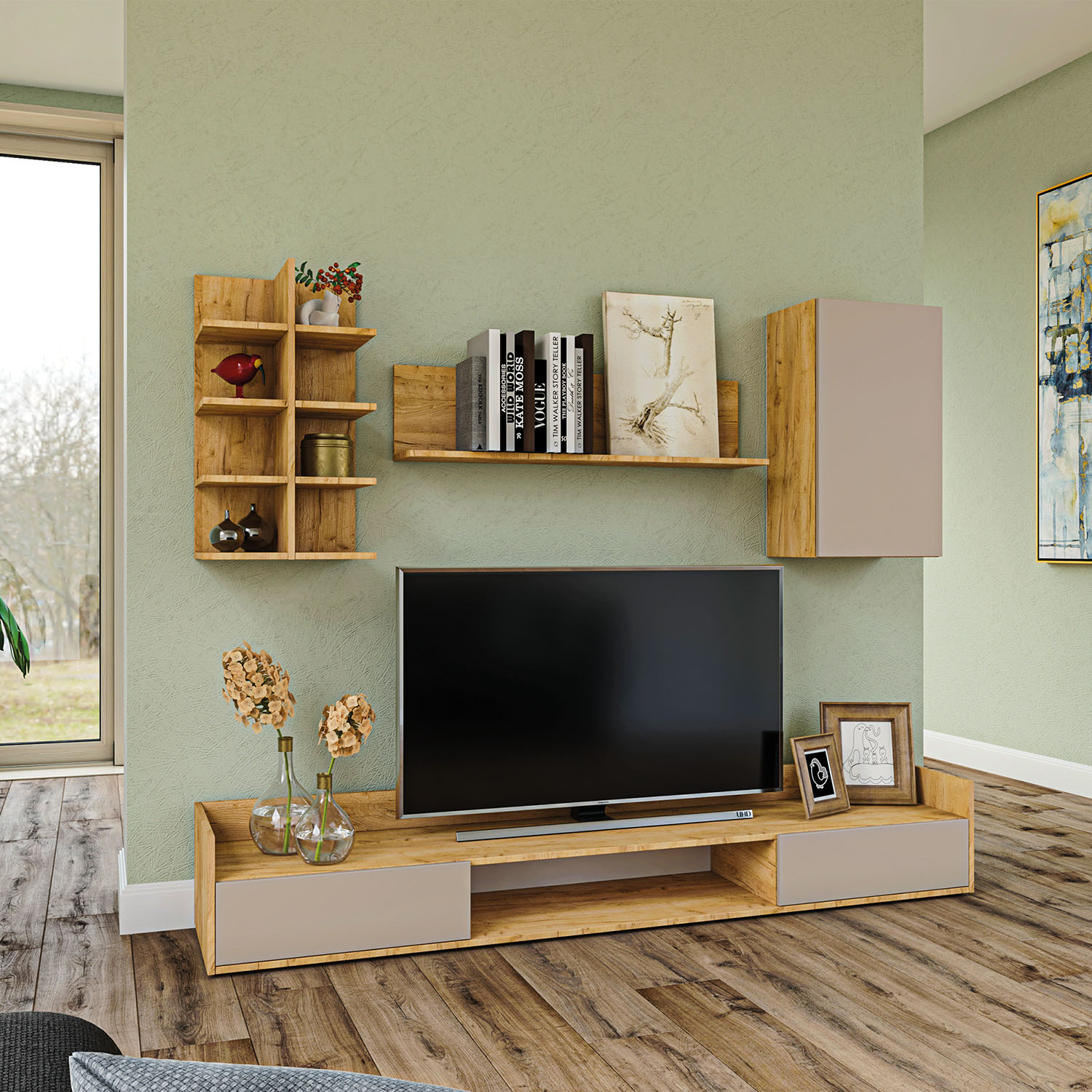 Omarket Σύνθεση τηλεόρασης Callisto Χρυσό Δρυς-Γκρεζ 245x40x180cm | P0387-V10 Omarket-AI89276168-9