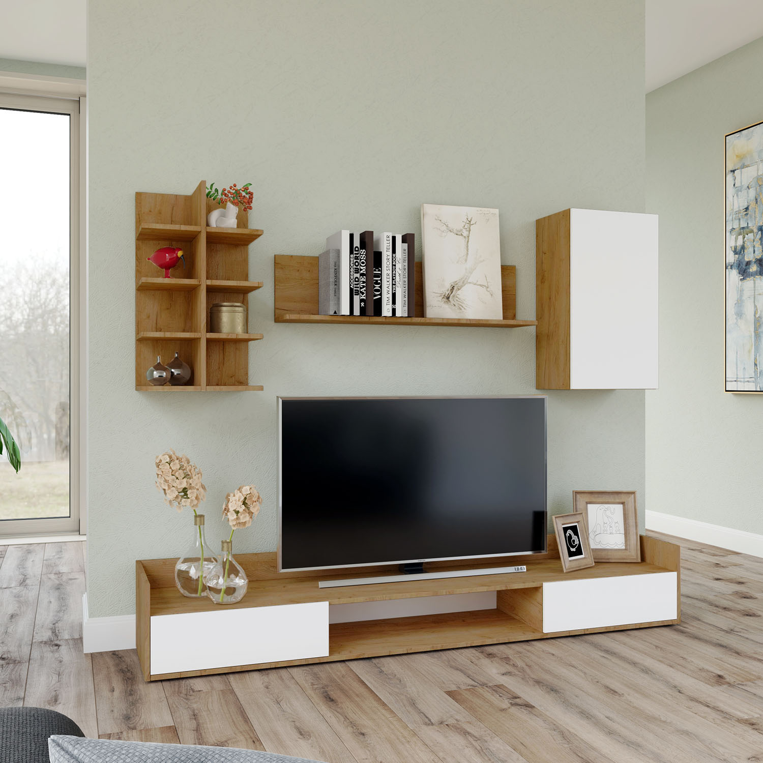 Omarket Σύνθεση τηλεόρασης Callisto Χρυσό Δρυς-Λευκό 245x40x180cm | P0388-V10 Omarket-AI89276169-9