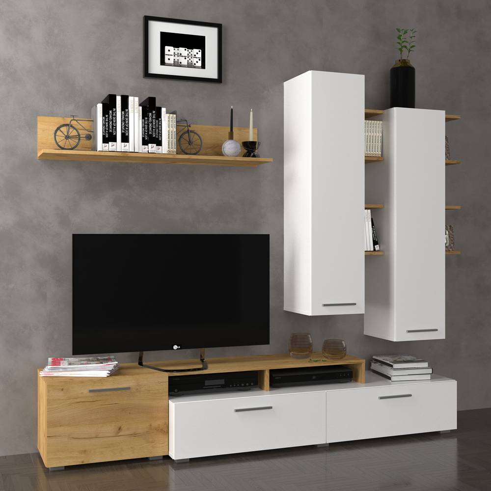 Omarket Σύνθεση Τηλεόρασης Astin 203x45.3x180εκ Χρυσός Δρύς Με Λευκό | P0385-V01 Omarket-AI89276166