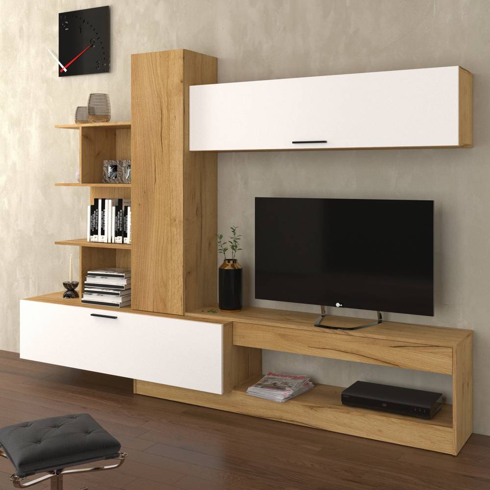 Omarket Σύνθεση Τηλεόρασης OMELA 265x42x193εκ Χρυσός Δρύς Με Λευκό | P0400-V02 Omarket-AI89276181-1