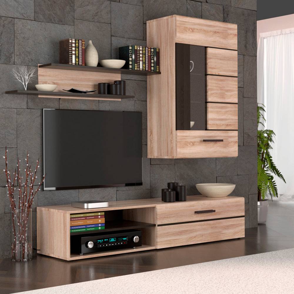Omarket Σύνθεση Τηλεόρασης Danielle Home 238x41x184cm Sonoma με Wenge και MDF καμπυλωτό τελείωμα | P0401-V03 Omarket-AI89276182-2