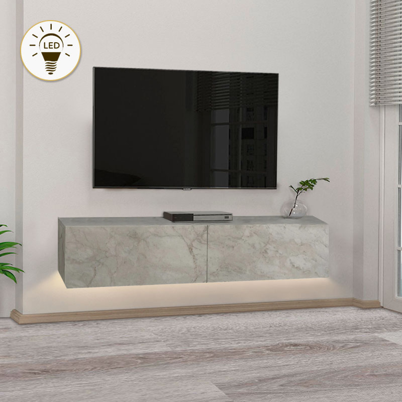 Έπιπλο τηλεόρασης επιτοίχιο Lunessa4 Omarket με LED χρώμα λευκό εφέ μαρμάρου 95x31x40εκ. Intrahomextra-8695411