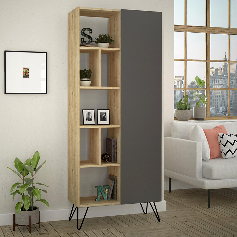 Βιβλιοθήκη Selvara2 Omarket χρώμα sapphire oak - ανθρακί 60x29x210εκ. Intrahomextra-8719616