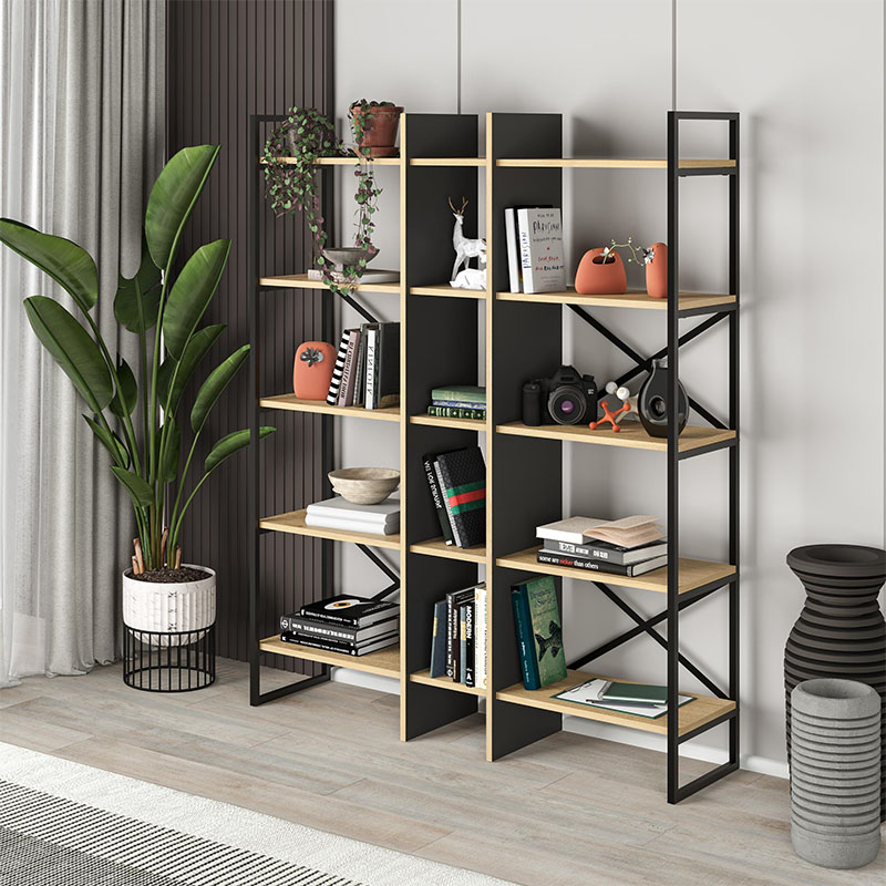 Βιβλιοθήκη Vantoro2 Omarket χρώμα sapphire oak - silky black 120x35x185εκ. Intrahomextra-8716601
