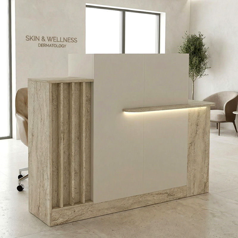 Γραφείο υποδοχής - reception Torena Omarket με LED χρώμα travertine - sandstone 130x85x120εκ. Intrahomextra-8723944
