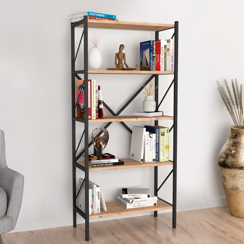 Βιβλιοθήκη Velmora2 Omarket μεταλλική - μελαμίνης χρώμα pine oak 70x44x170εκ. Intrahomextra-8720482