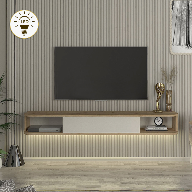 Έπιπλο τηλεόρασης επιτοίχιο Selvara5 Omarket με LED χρώμα sepet oak - sandstone 150x29x35εκ. Intrahomextra-8693926