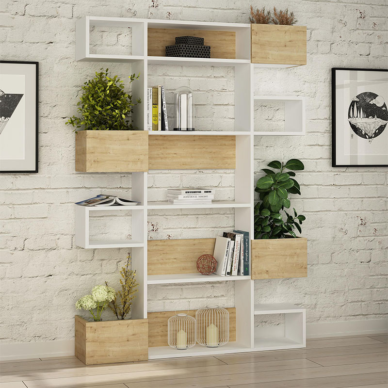 Βιβλιοθήκη Calvero2 Omarket χρώμα λευκό - sapphire oak 130x25x190εκ. Intrahomextra-8718904