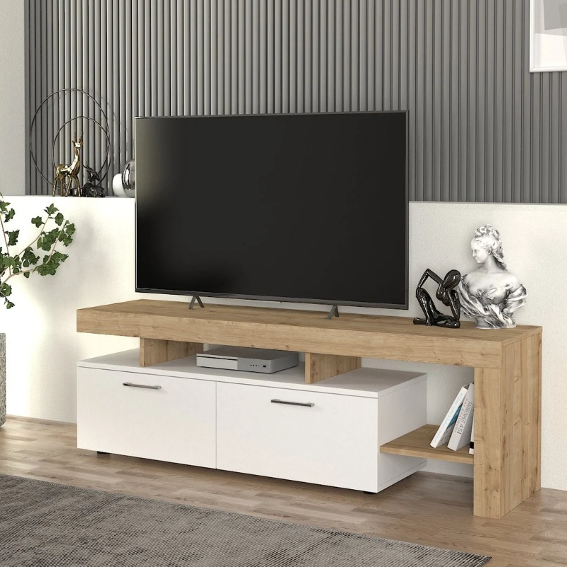 Έπιπλο τηλεόρασης Seravio4 Omarket χρώμα λευκό - sapphire oak 160x40x65εκ. Intrahomextra-8695193