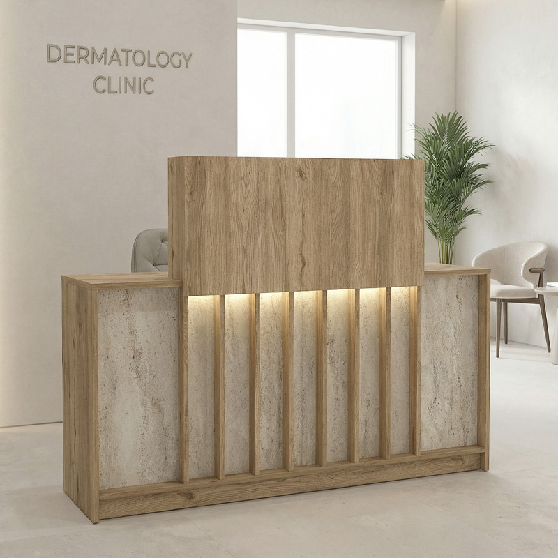 Γραφείο υποδοχής - reception Lumera Omarket με LED χρώμα sepet oak - travertine 155x51x125εκ. Intrahomextra-8723791