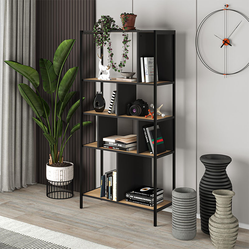 Βιβλιοθήκη Orelia2 Omarket χρώμα sapphire oak - silky black 100x35x195εκ. Intrahomextra-8716807