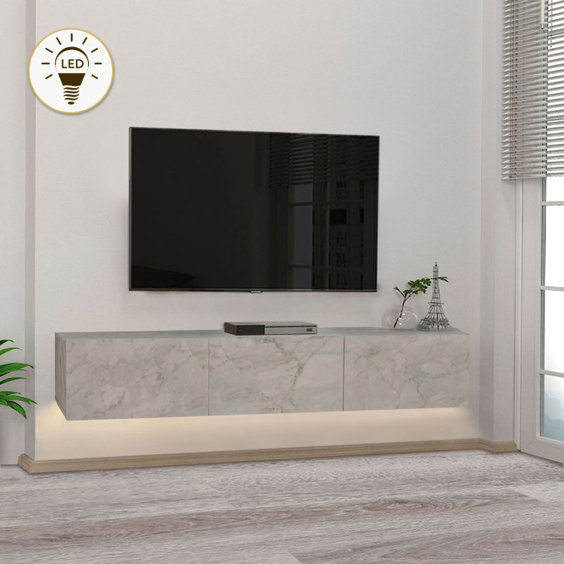 Έπιπλο τηλεόρασης επιτοίχιο Vorelli4 Omarket με LED χρώμα λευκό εφέ μαρμάρου 160x29x30εκ. Intrahomextra-8695300